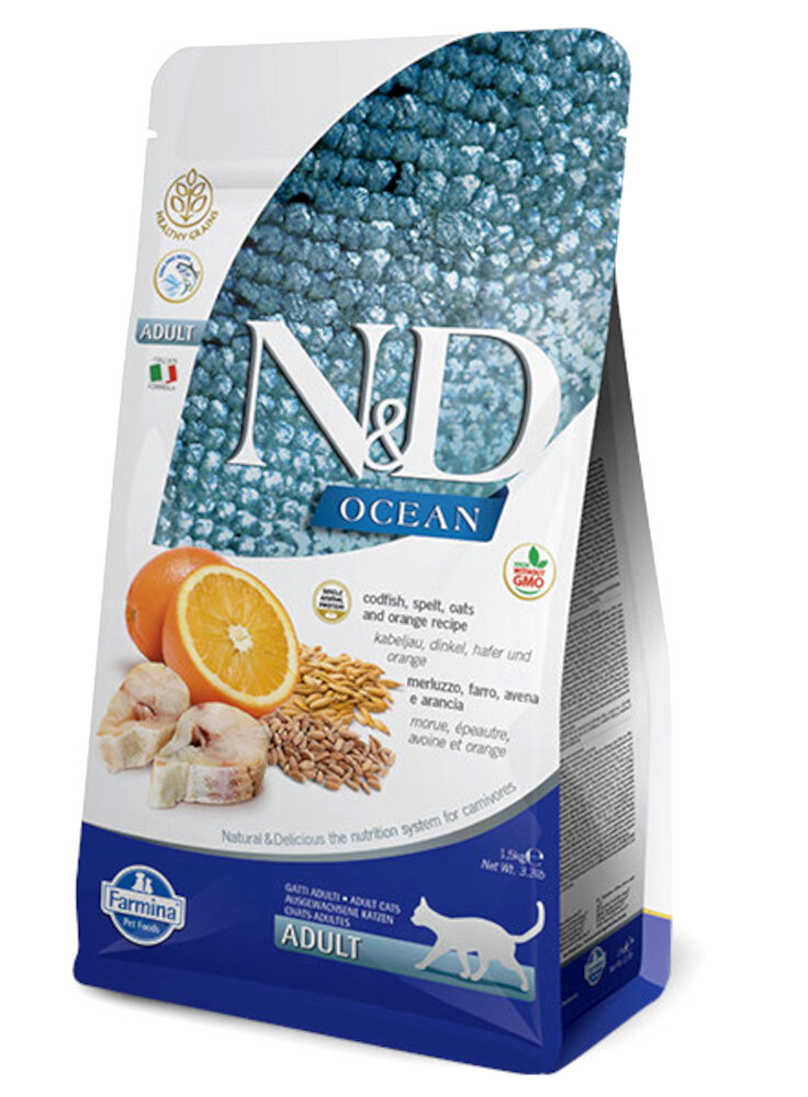 N&D OCEAN CAT MERLUZZO, FARRO, AVENA E ARANCIA ADULT