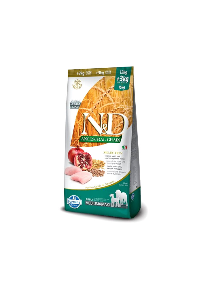 N&D ANCESTRAL DOG SELECTION POLLO E MELOGRANO ADULT MEDIUM/MAXI 12+3 KG.