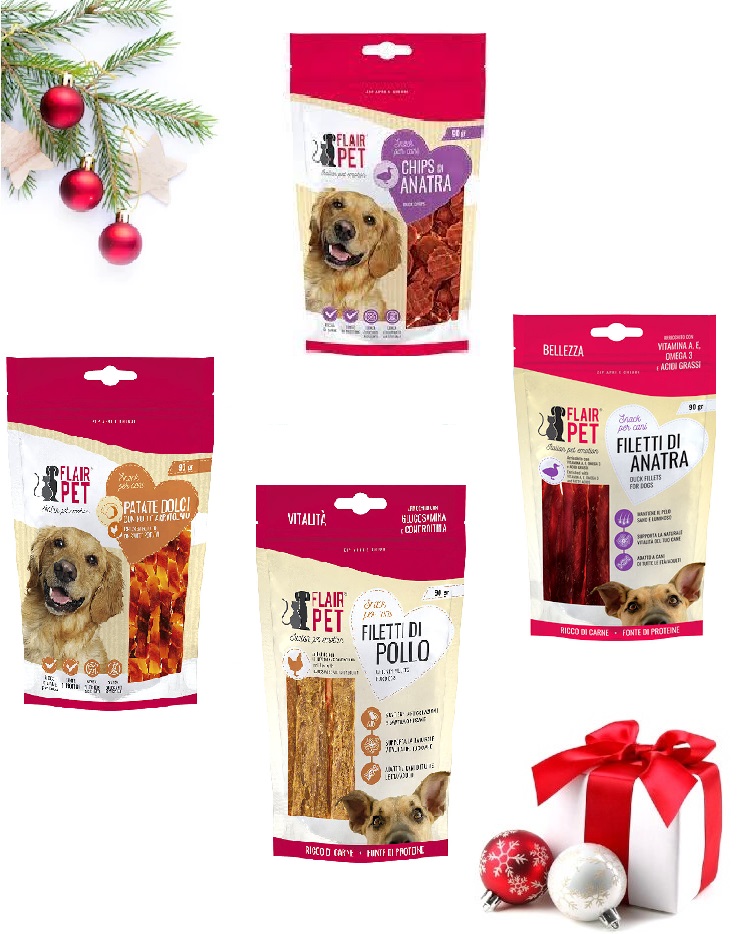 Set Natale Flairpet Snack per Cani Chips di anatra + filetti di pollo + filetti di anatra + patate dolci con pollo