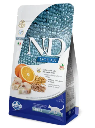 N&D OCEAN CAT MERLUZZO, FARRO, AVENA E ARANCIA ADULT