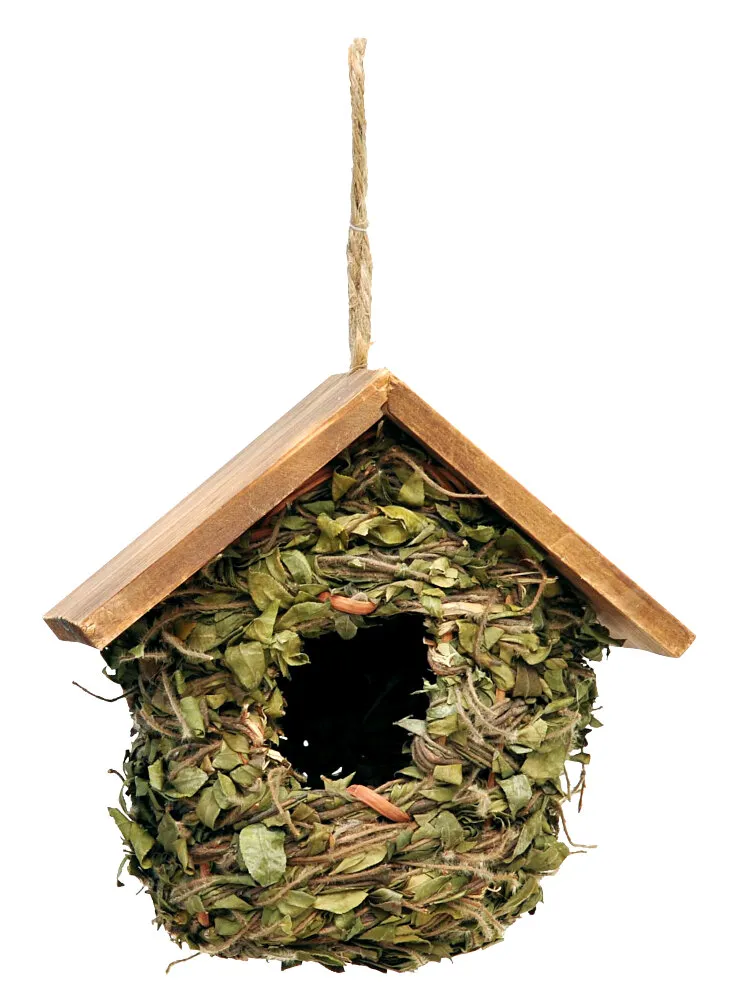 Casetta per uccellini con foglie e tetto in legno 18x18x17 cm